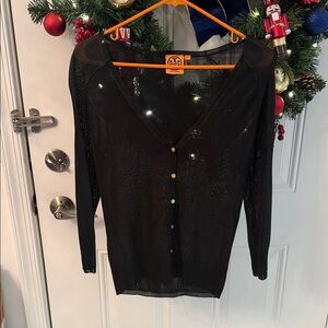 Tory Burch Black Sheer Shimmery Knit Cardigan